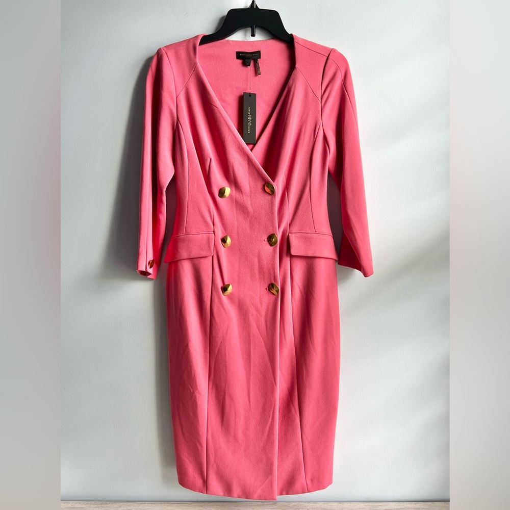 Donna Karan New York Women's 3/4-Sleeve Double-Breasted Midi Blazer Dress Pink 4